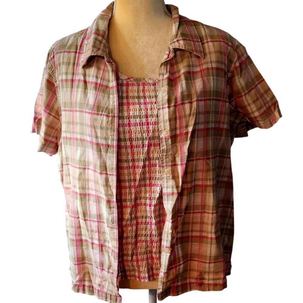 Great Northwest Pink Tan Plaid Button Down 2pc Tank and Shirt 90s XL